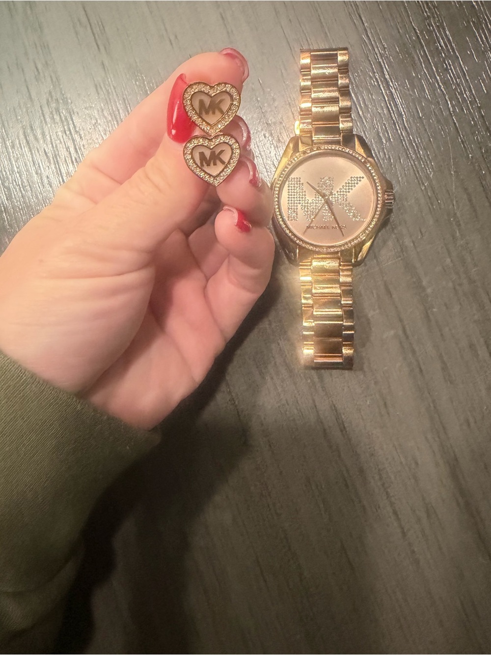Michael Kors Rose Gold Crystal Watch with MK Rose Gold Stud Logo Earrings